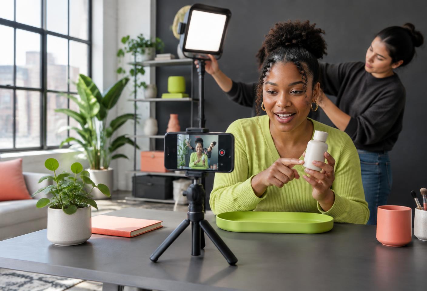 Creator filming a product video in a studio with a phone and lighting